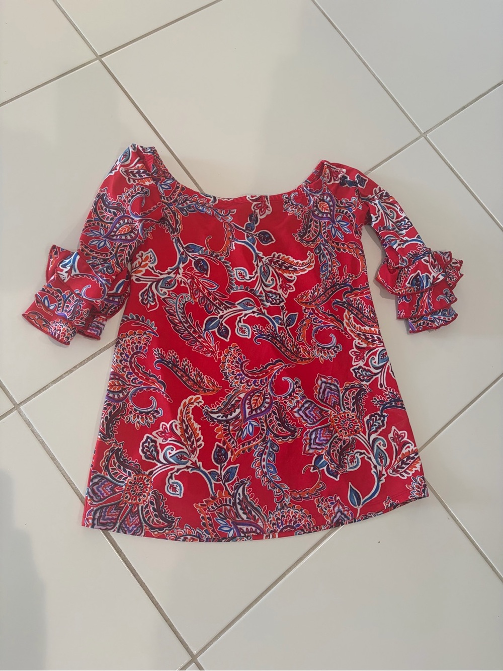 Palm Beach Boutique Red Paisley Off-Shoulder Ruffle Sleeve Top.